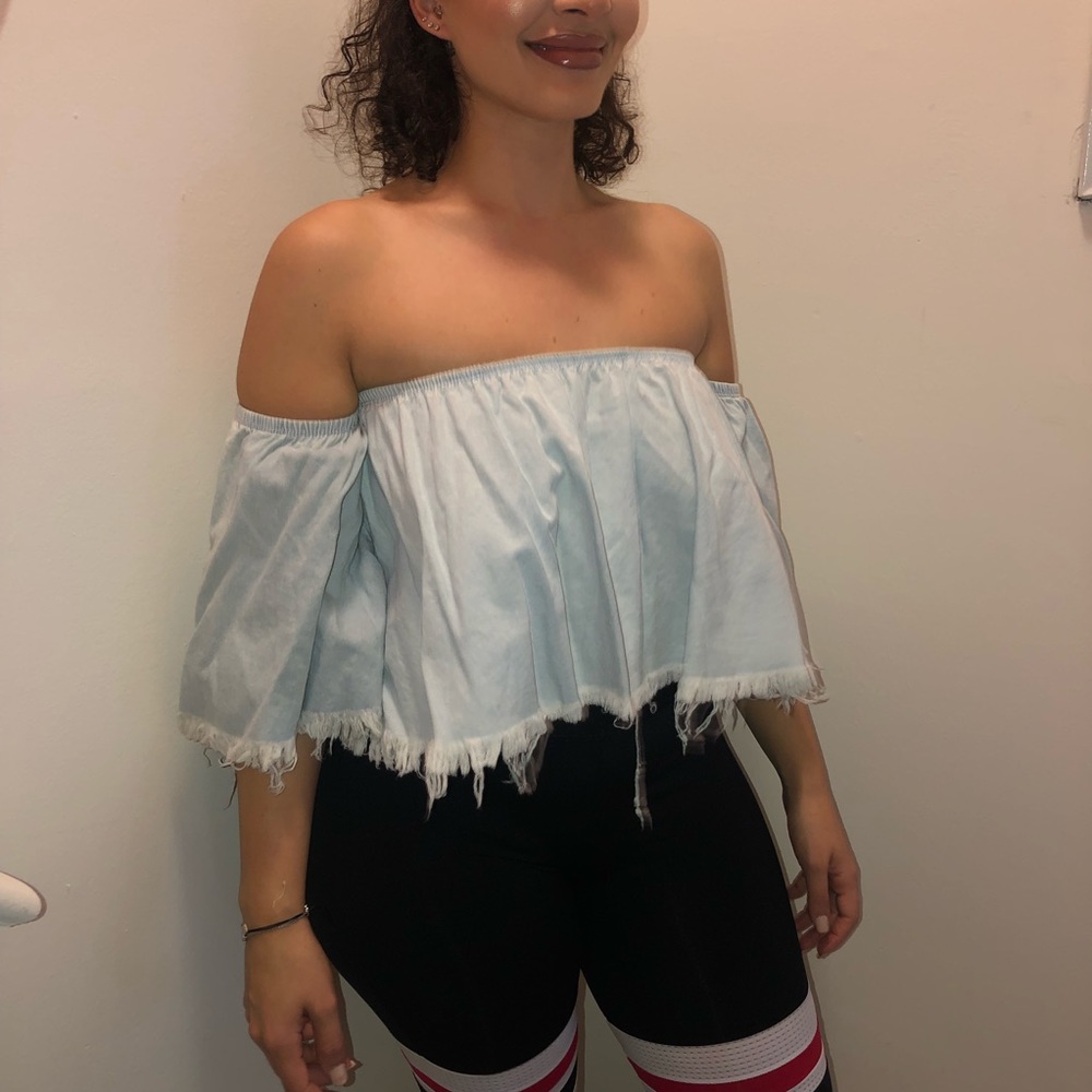 Distressed Off The Shoulder Denim Crop Top